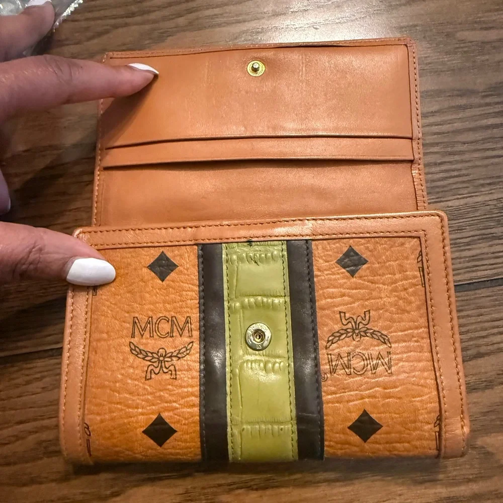 MCM Cognac Leather Wallet with Olive and Black Center Stripe - Picture 14 of 14